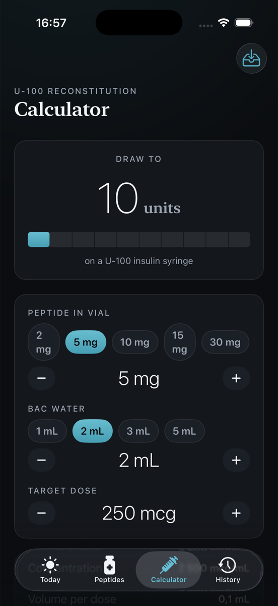 Peptide reconstitution calculator showing syringe units