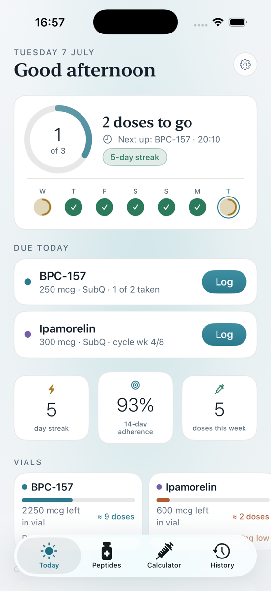 Peptide tracker app in light mode