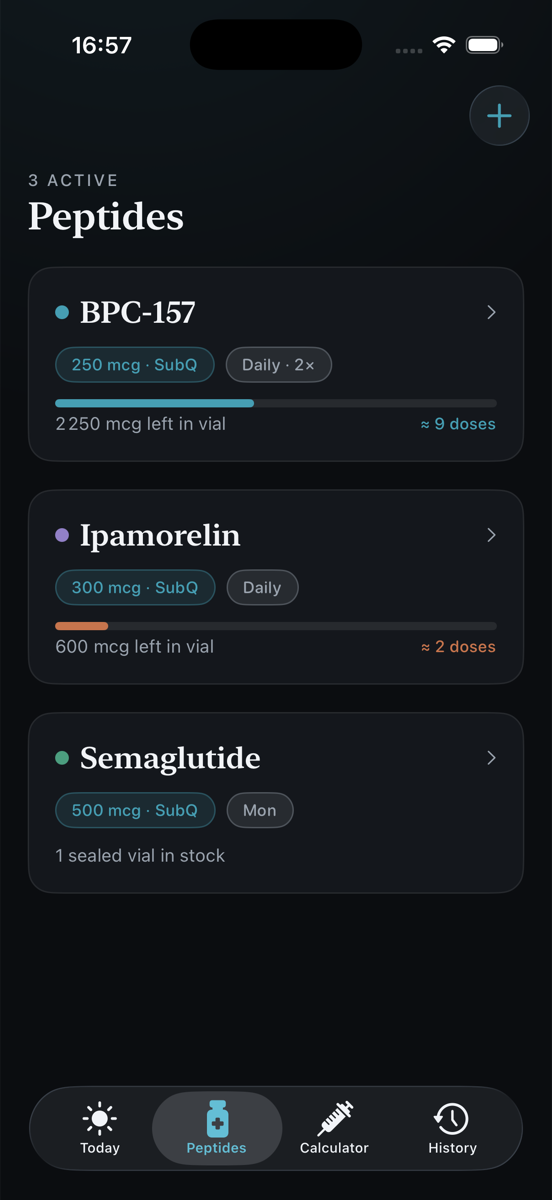 Peptide protocol list with vial inventory gauges